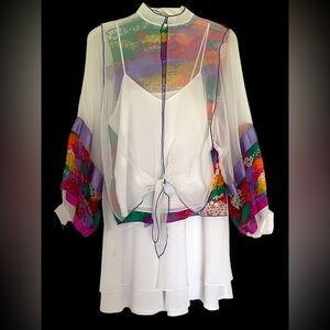 Vintage Made in USA Union Made White Colorful Sheer Tie Blouse Cami Skirt Set